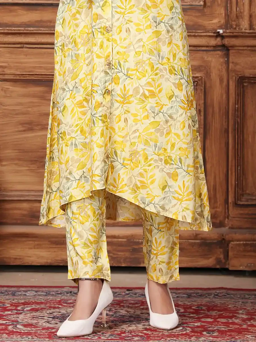 Yellow Premium Rayon Printed Festival Casual Gown