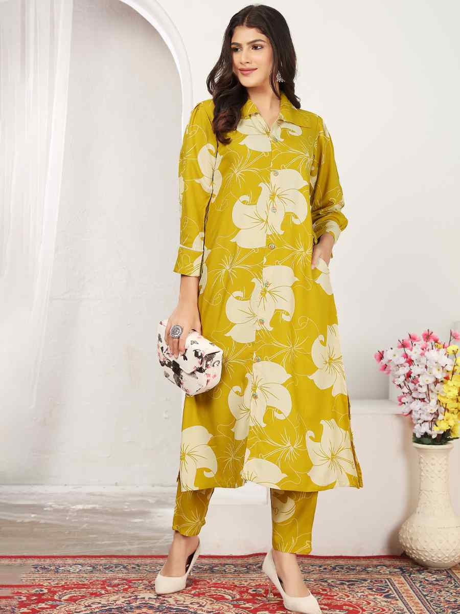 Yellow Premium Reyon Printed Festival Casual Kurti