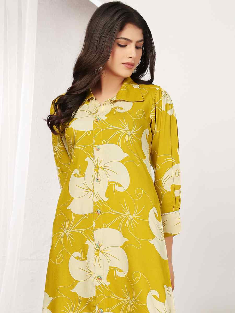 Yellow Premium Reyon Printed Festival Casual Kurti