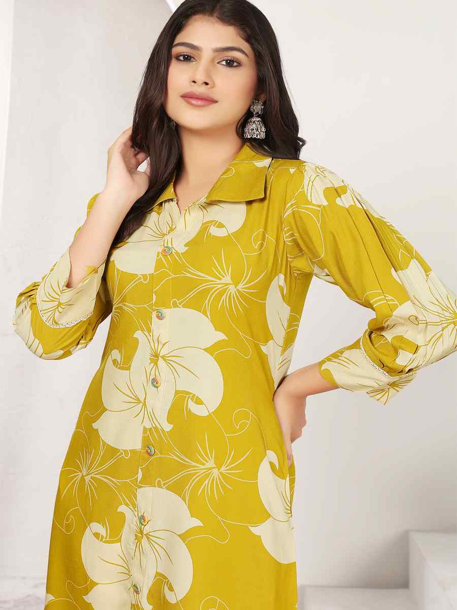 Yellow Premium Reyon Printed Festival Casual Kurti