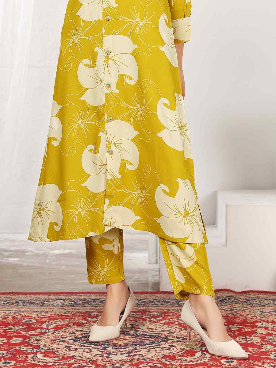 Yellow Premium Reyon Printed Festival Casual Kurti