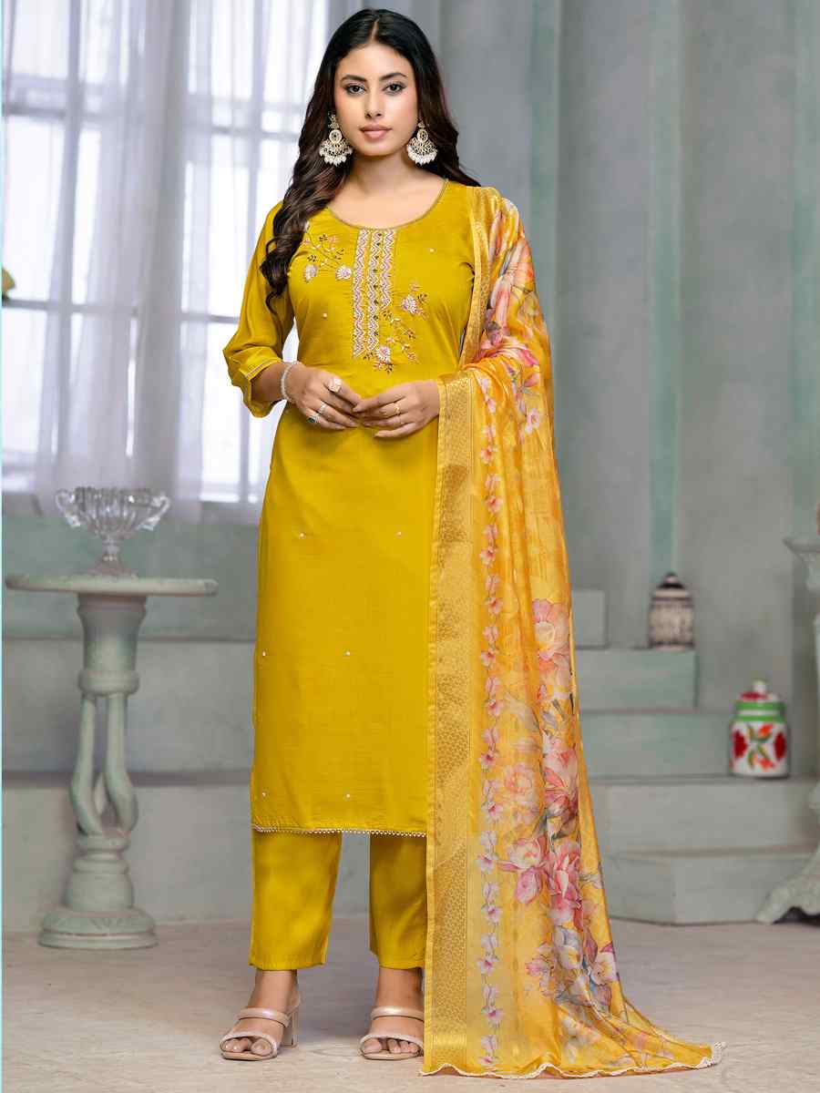 Yellow Premium Roman Cotton Embroidered Festival Casual Ready Pant Salwar Kameez