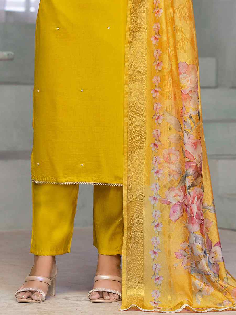 Yellow Premium Roman Cotton Embroidered Festival Casual Ready Pant Salwar Kameez