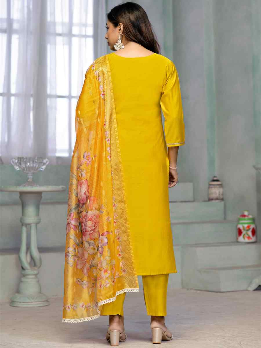 Yellow Premium Roman Cotton Embroidered Festival Casual Ready Pant Salwar Kameez