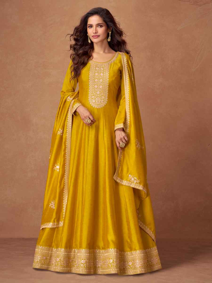 Yellow Premium Silk Embroidered Festival Casual Gown