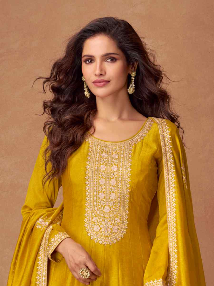 Yellow Premium Silk Embroidered Festival Casual Gown