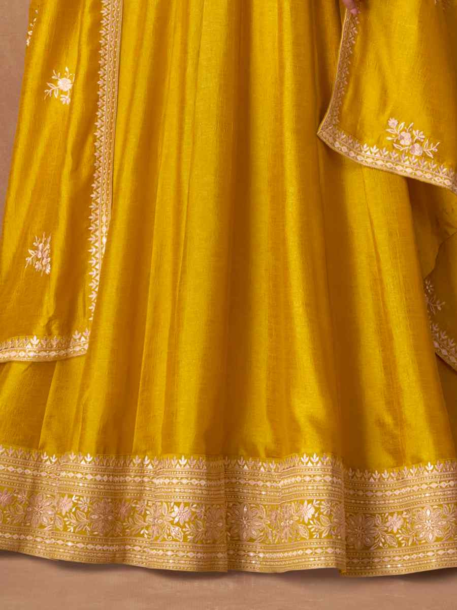 Yellow Premium Silk Embroidered Festival Casual Gown