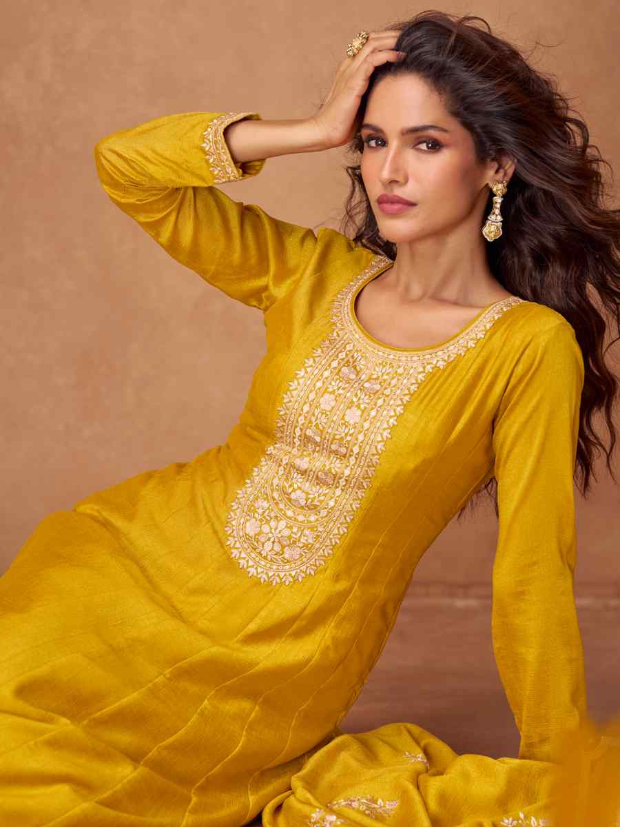 Yellow Premium Silk Embroidered Festival Casual Gown