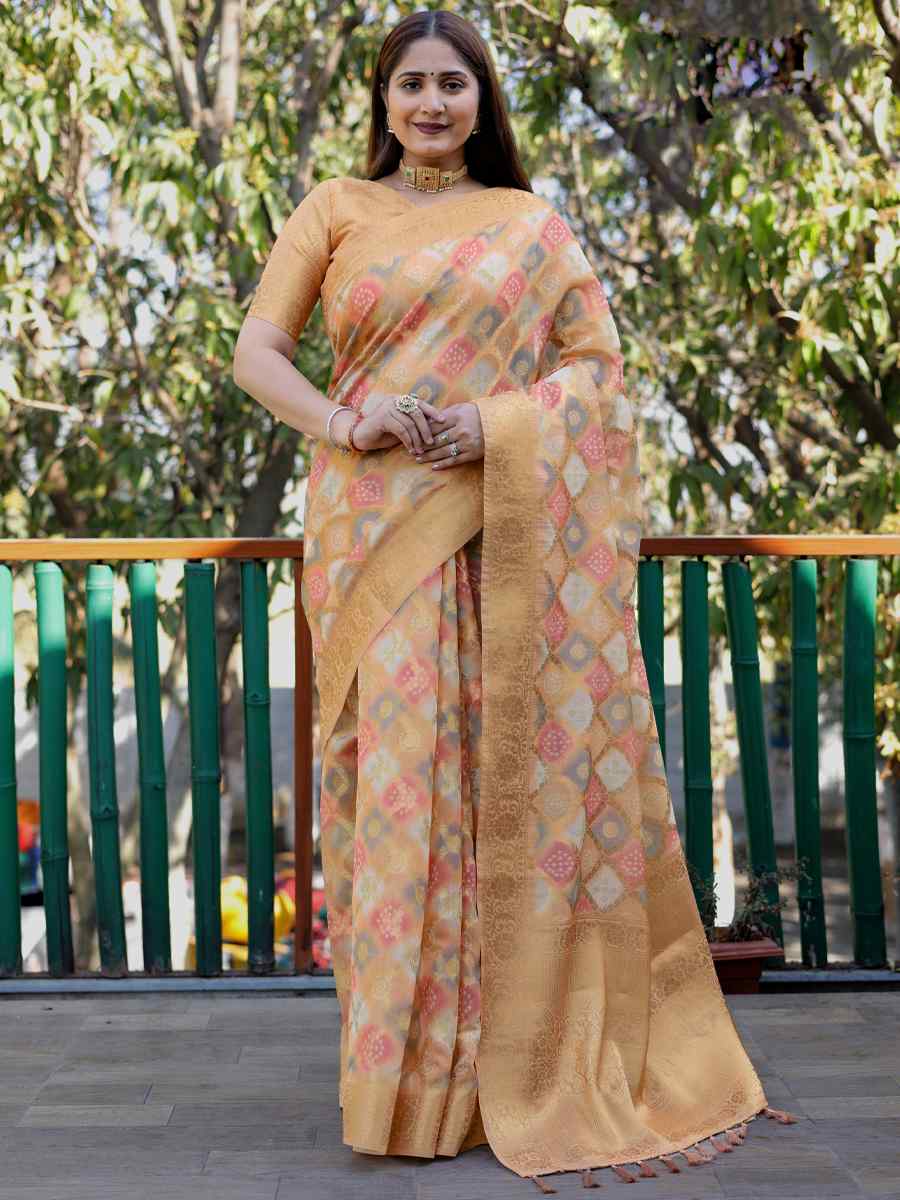 Yellow Premiume Organza Silk Printed Festival Casual Classic Style Saree