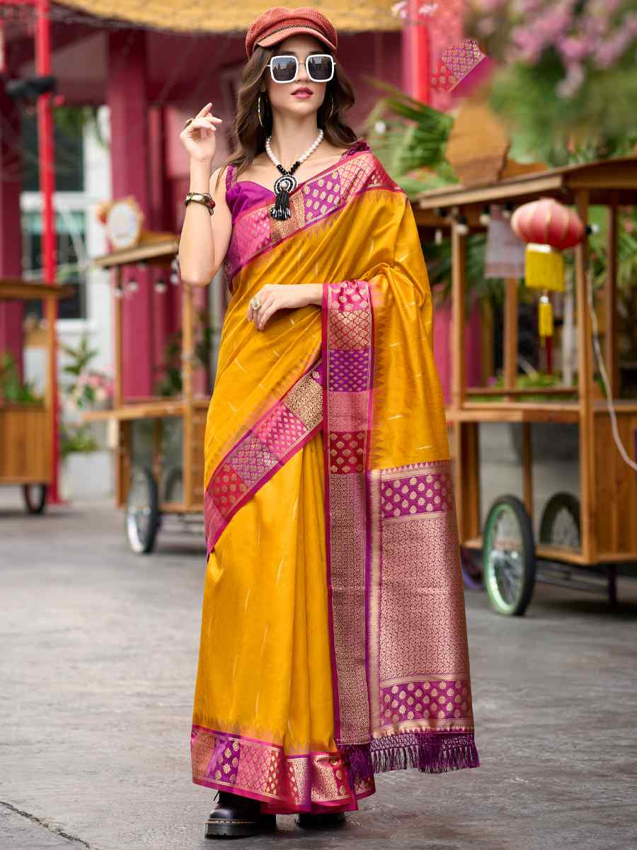 Yellow Pure Banarasi Silk Handwoven Festival Wedding Heavy Border Saree