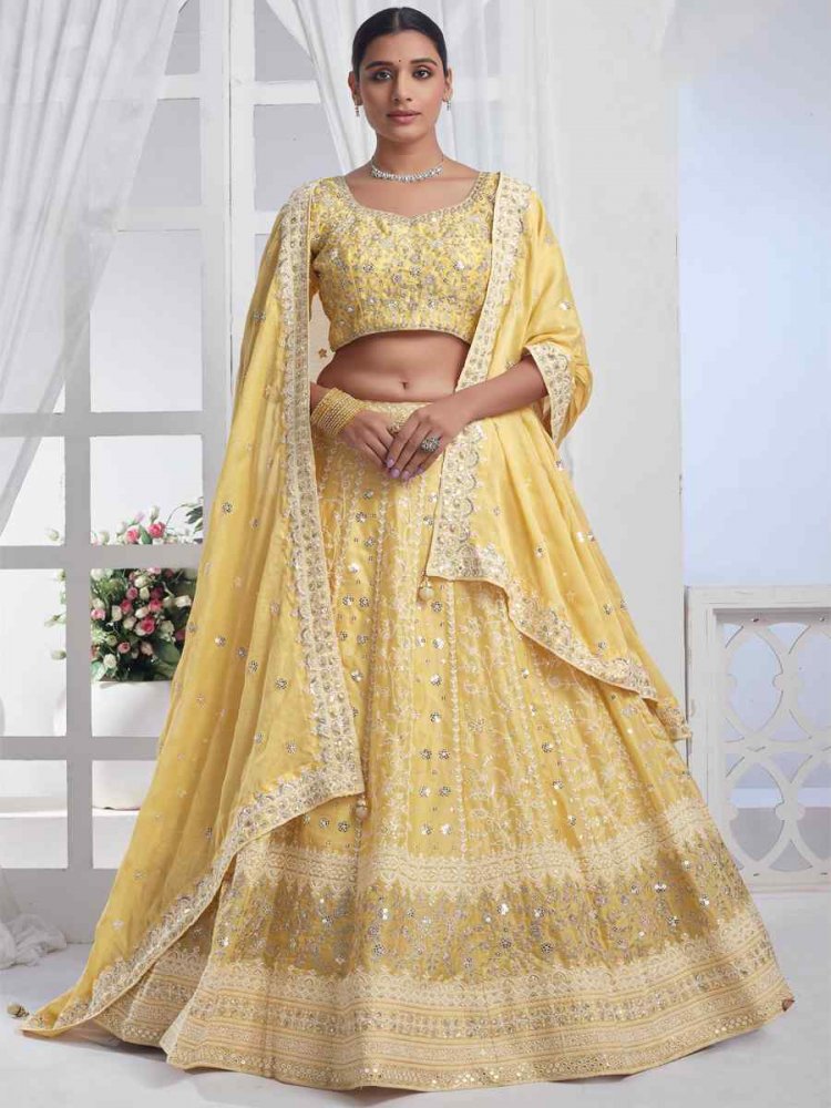 Yellow Pure Chiffon Embroidered Bridesmaid Wedding Heavy Border Lehenga Choli