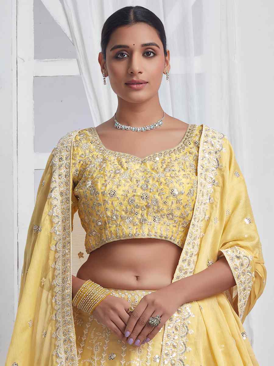 Yellow Pure Chiffon Embroidered Bridesmaid Wedding Heavy Border Lehenga Choli