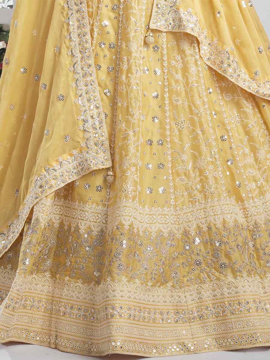 Yellow Pure Chiffon Embroidered Bridesmaid Wedding Heavy Border Lehenga Choli