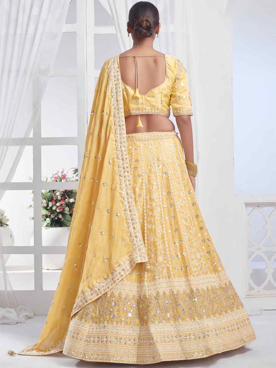 Yellow Pure Chiffon Embroidered Bridesmaid Wedding Heavy Border Lehenga Choli