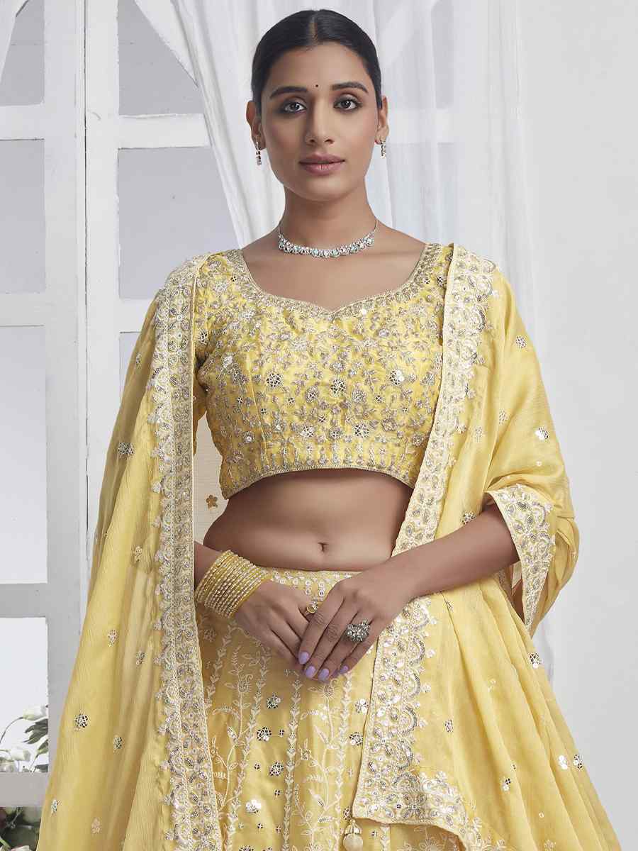 Yellow Pure Chiffon Embroidered Bridesmaid Wedding Heavy Border Lehenga Choli