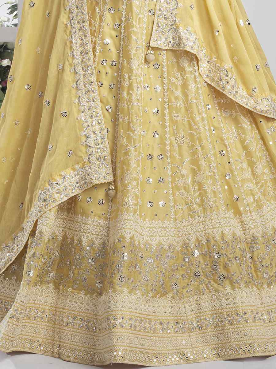 Yellow Pure Chiffon Embroidered Bridesmaid Wedding Heavy Border Lehenga Choli