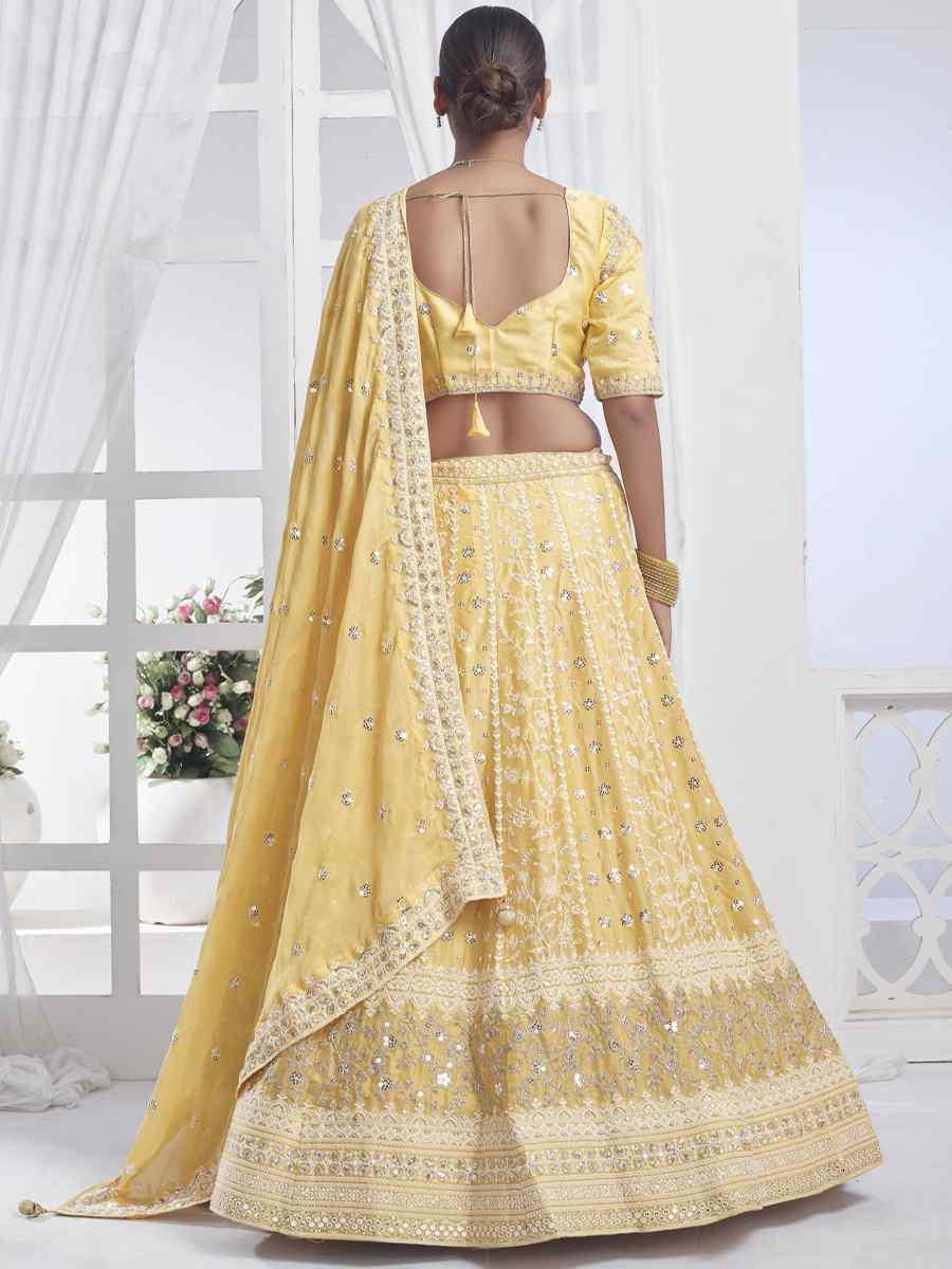 Yellow Pure Chiffon Embroidered Bridesmaid Wedding Heavy Border Lehenga Choli