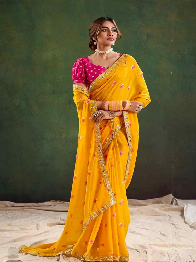 Yellow Pure Chiffon Embroidered Festival Wedding Classic Style Saree