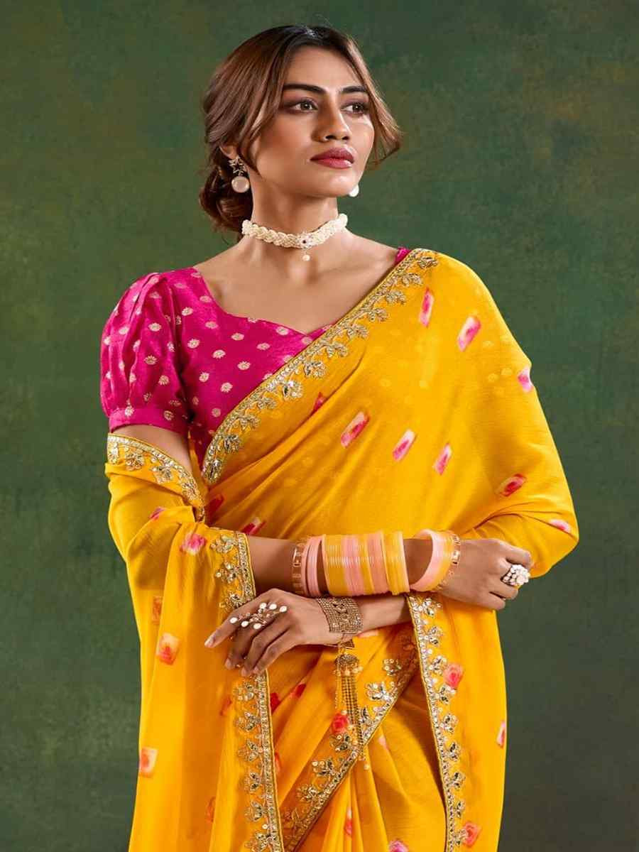 Yellow Pure Chiffon Embroidered Festival Wedding Classic Style Saree