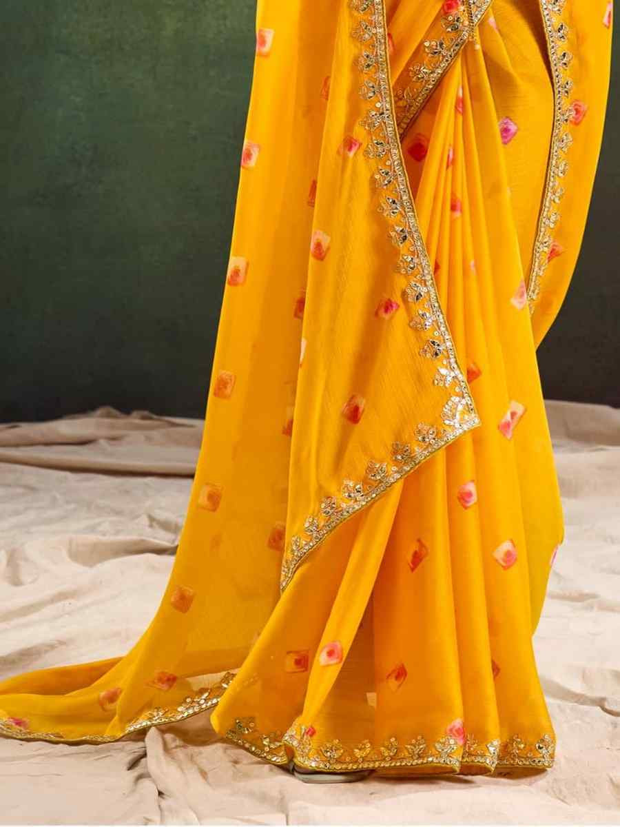 Yellow Pure Chiffon Embroidered Festival Wedding Classic Style Saree