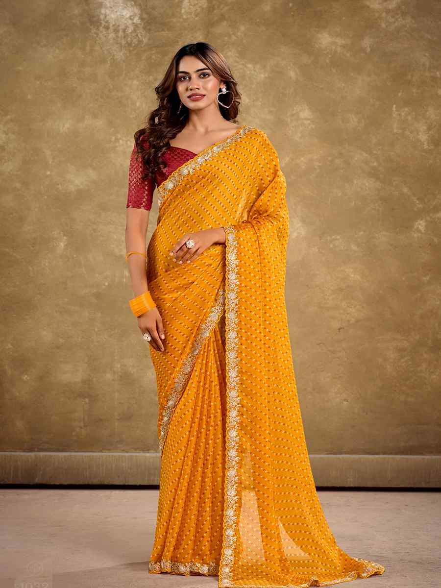 Yellow Pure Chiffon Embroidered Festival Wedding Classic Style Saree