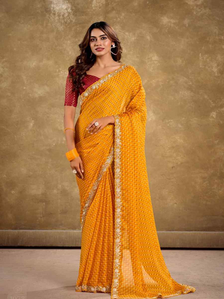 Yellow Pure Chiffon Embroidered Festival Wedding Classic Style Saree