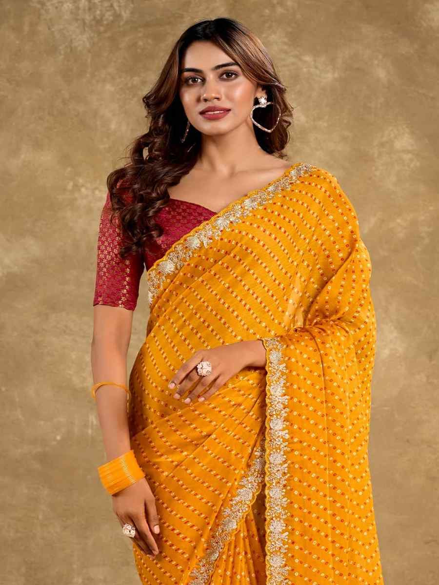 Yellow Pure Chiffon Embroidered Festival Wedding Classic Style Saree