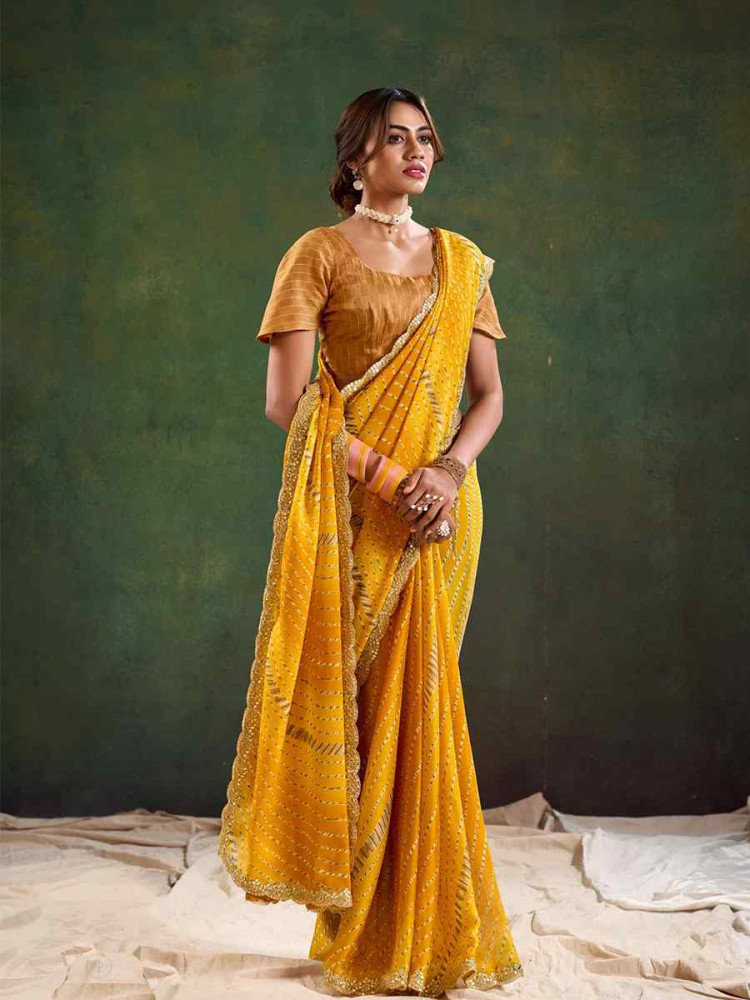 Yellow Pure Chiffon Embroidered Festival Wedding Classic Style Saree