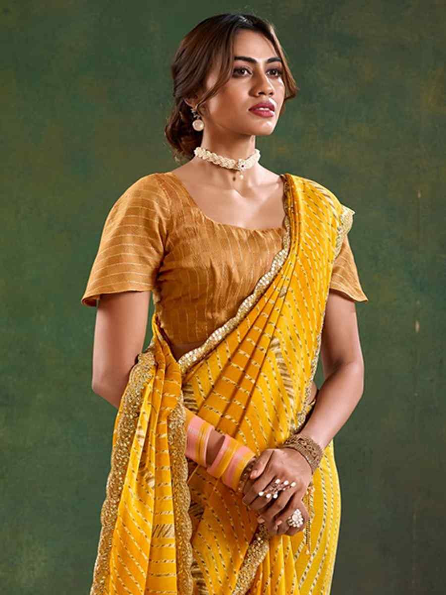 Yellow Pure Chiffon Embroidered Festival Wedding Classic Style Saree