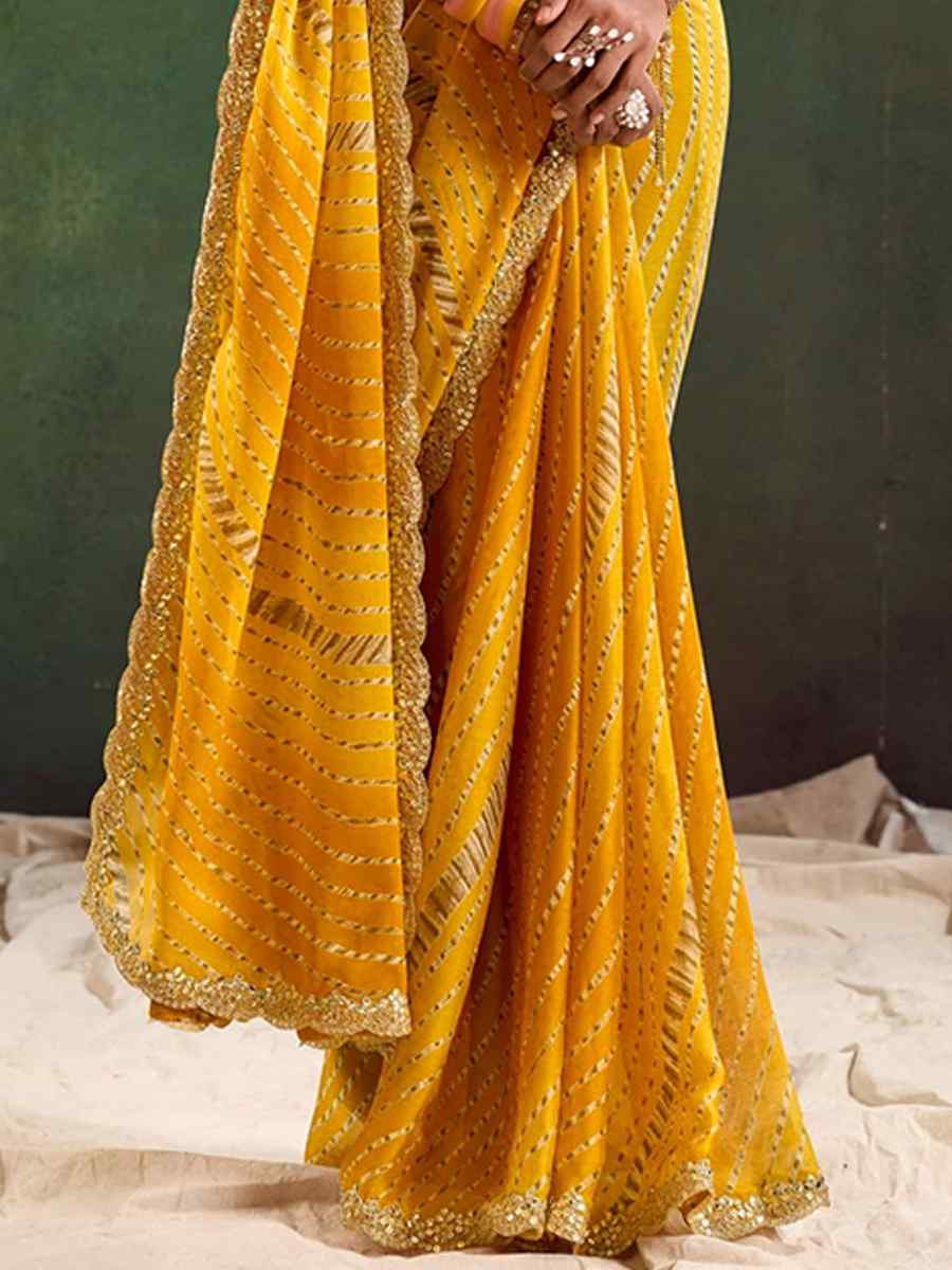 Yellow Pure Chiffon Embroidered Festival Wedding Classic Style Saree