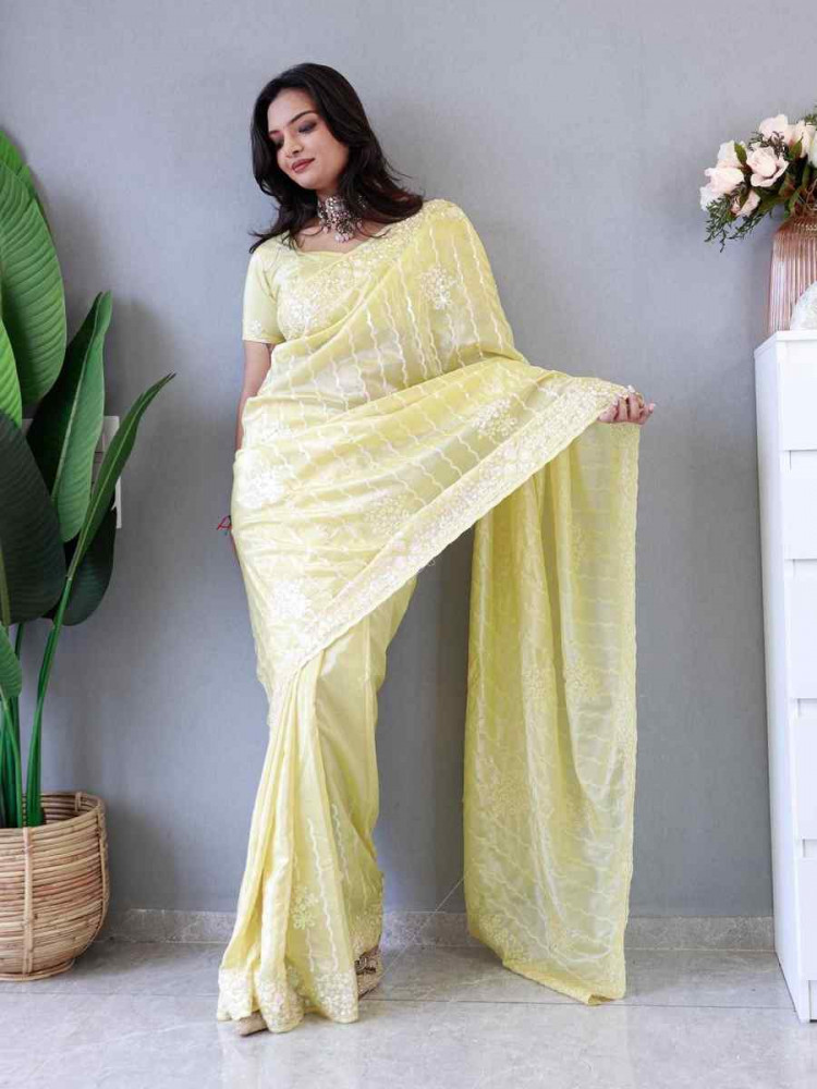 Yellow Pure Chinon Silk Handwoven Festival Wedding Heavy Border Saree