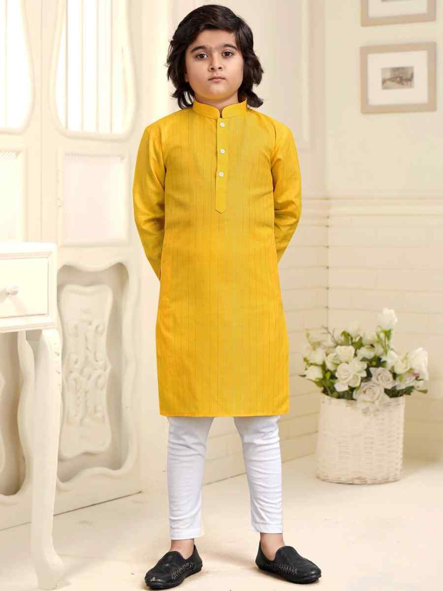 Yellow Pure Cotton Slub Zardosi Festival Traditional Kurta Pyjama Boys Wear