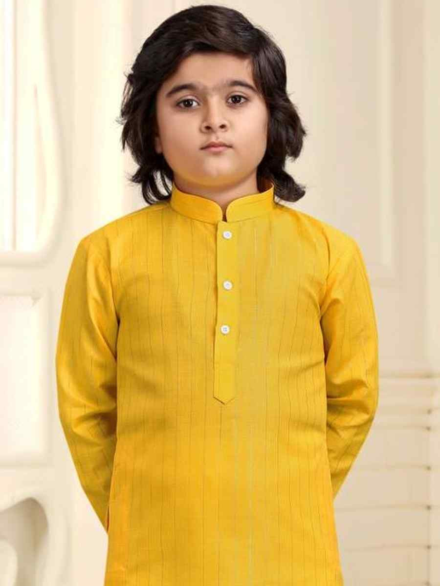 Yellow Pure Cotton Slub Zardosi Festival Traditional Kurta Pyjama Boys Wear