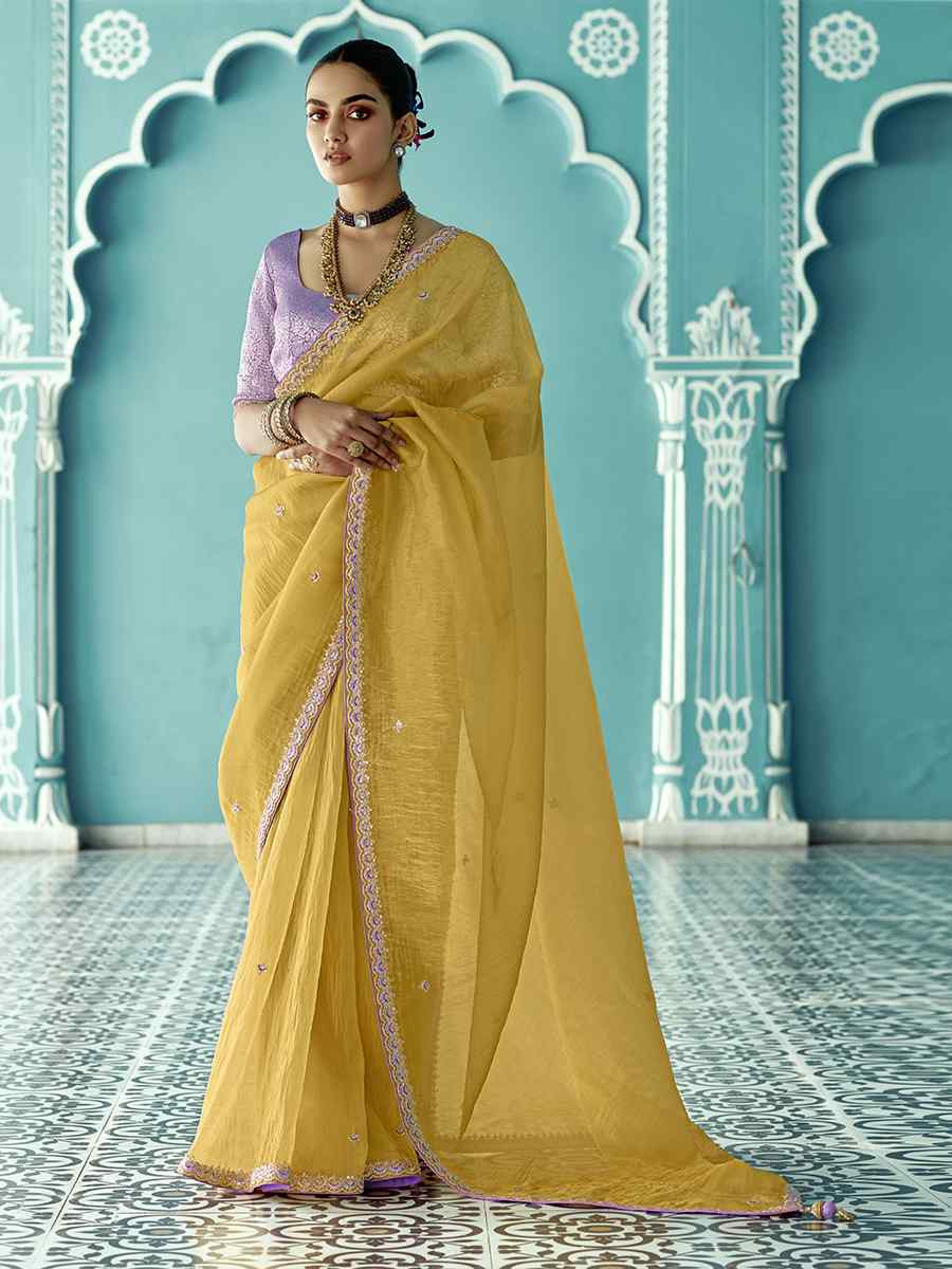 Yellow Pure fancy Silk Embroidered Bridesmaid Reception Heavy Border Saree