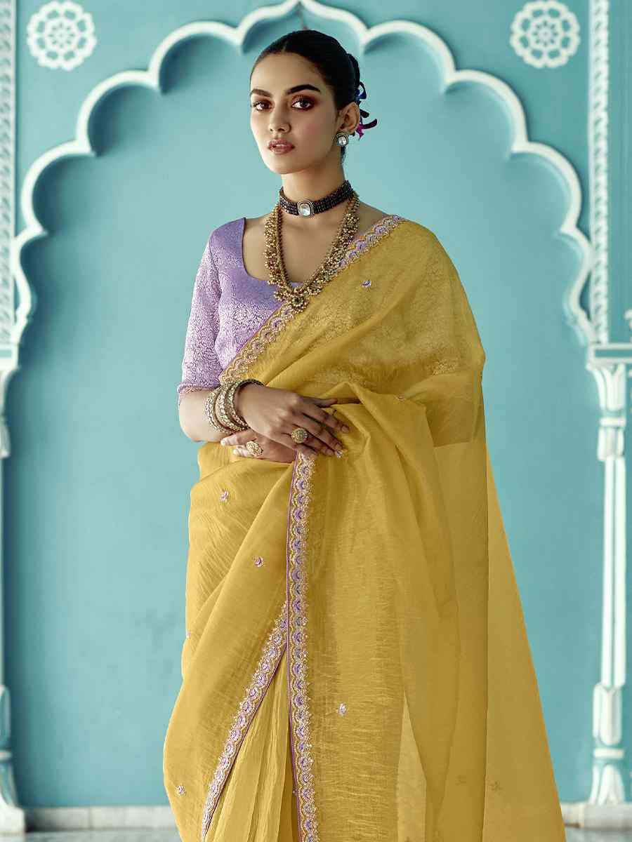 Yellow Pure fancy Silk Embroidered Bridesmaid Reception Heavy Border Saree