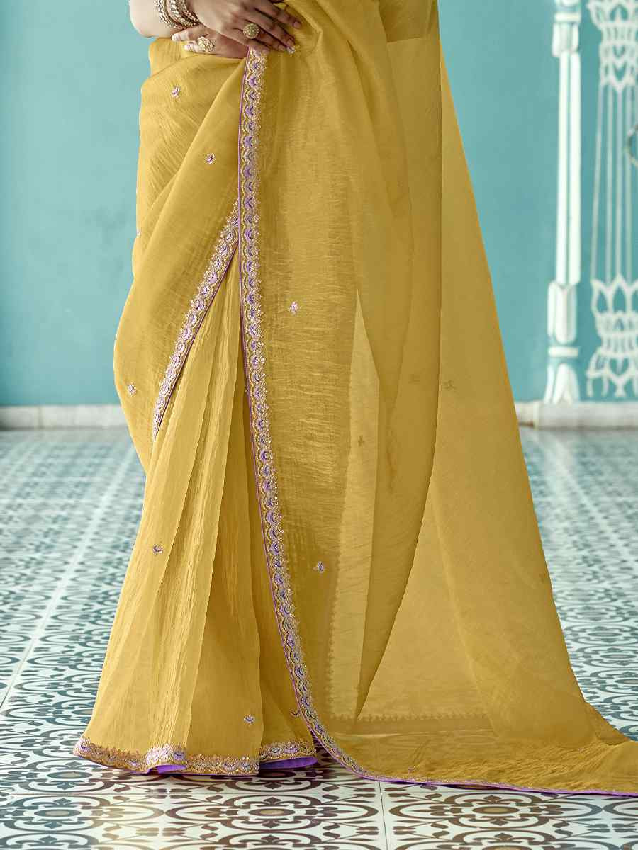 Yellow Pure fancy Silk Embroidered Bridesmaid Reception Heavy Border Saree