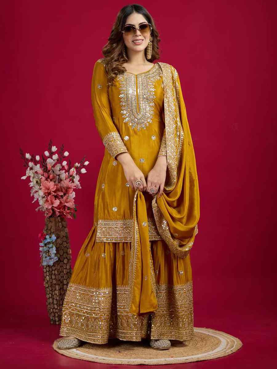 Yellow Pure Heavy Chinon Silk Embroidered Festival Wedding Sharara Pant Ready Salwar Kameez