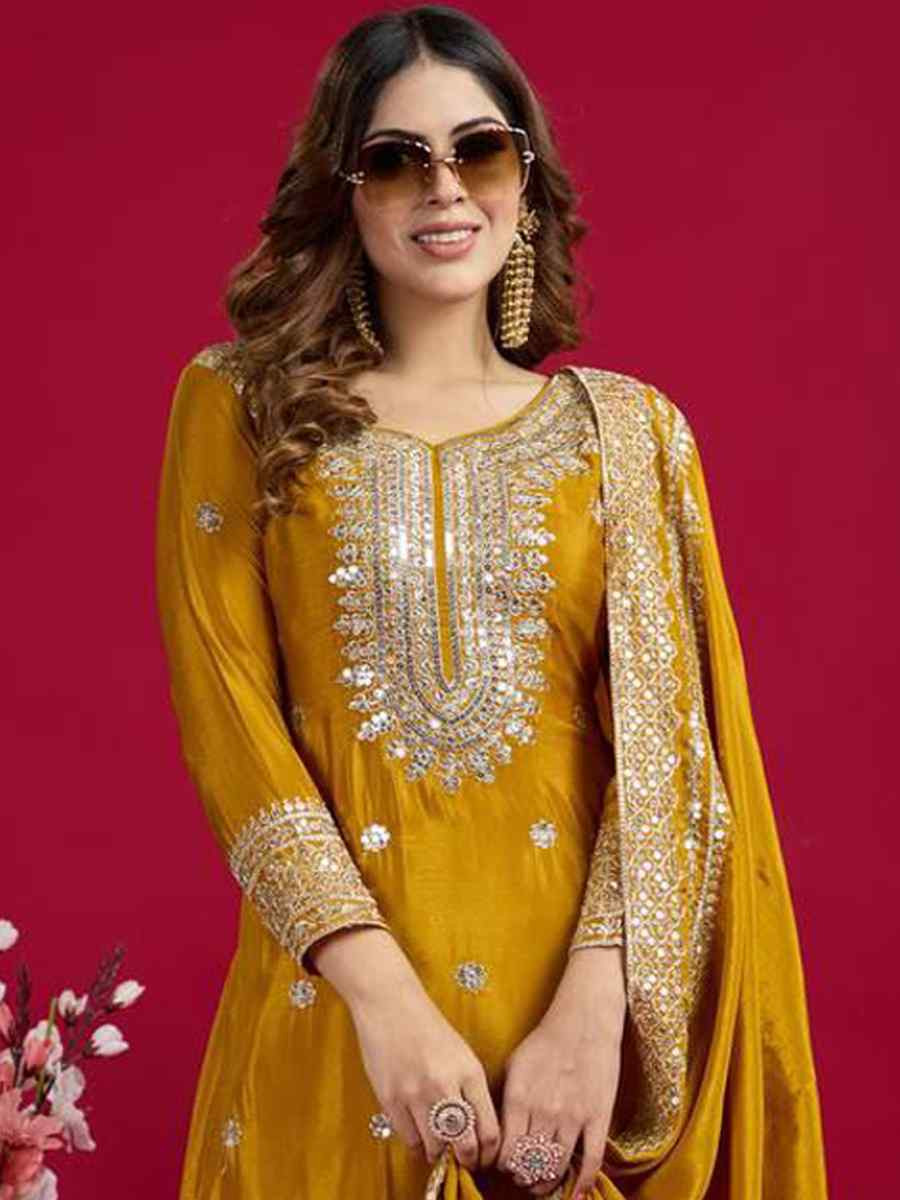 Yellow Pure Heavy Chinon Silk Embroidered Festival Wedding Sharara Pant Ready Salwar Kameez