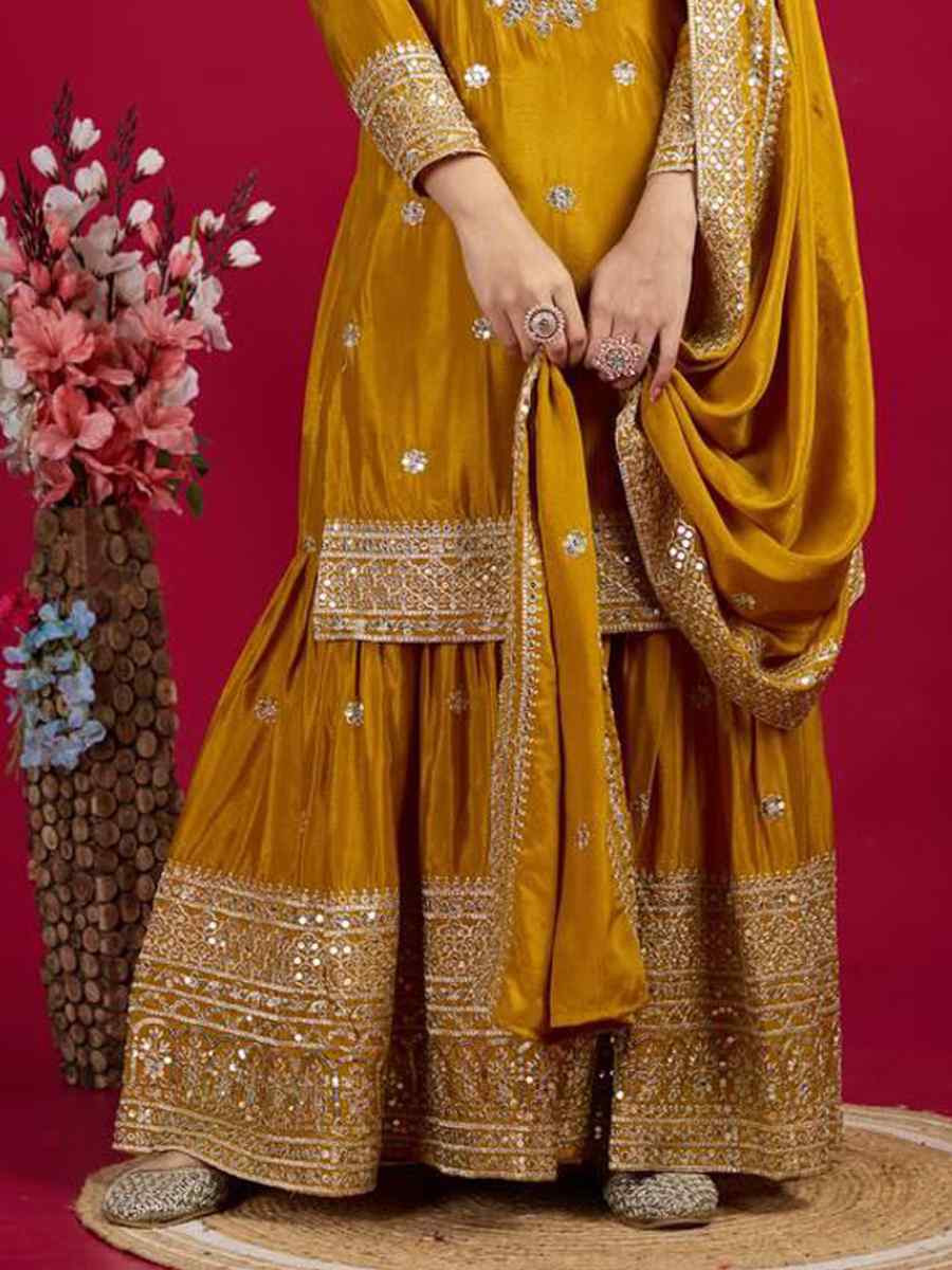 Yellow Pure Heavy Chinon Silk Embroidered Festival Wedding Sharara Pant Ready Salwar Kameez