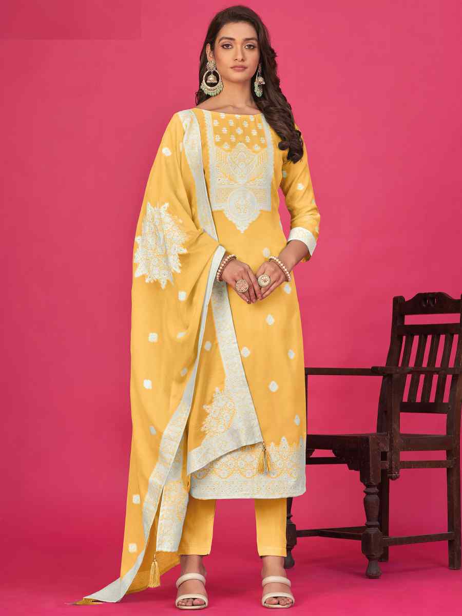 Yellow Pure Jacquard Embroidered Casual Festival Pant Salwar Kameez