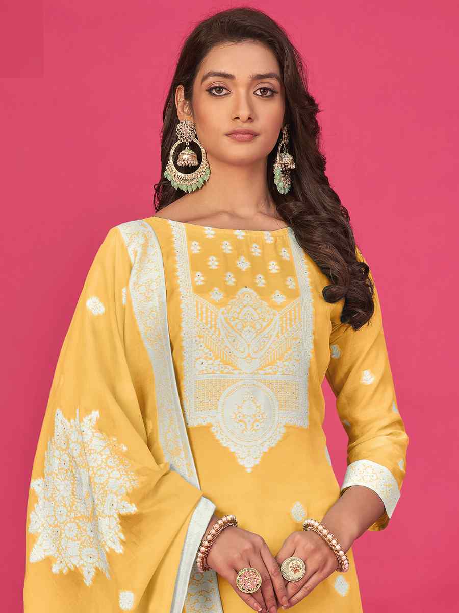 Yellow Pure Jacquard Embroidered Casual Festival Pant Salwar Kameez