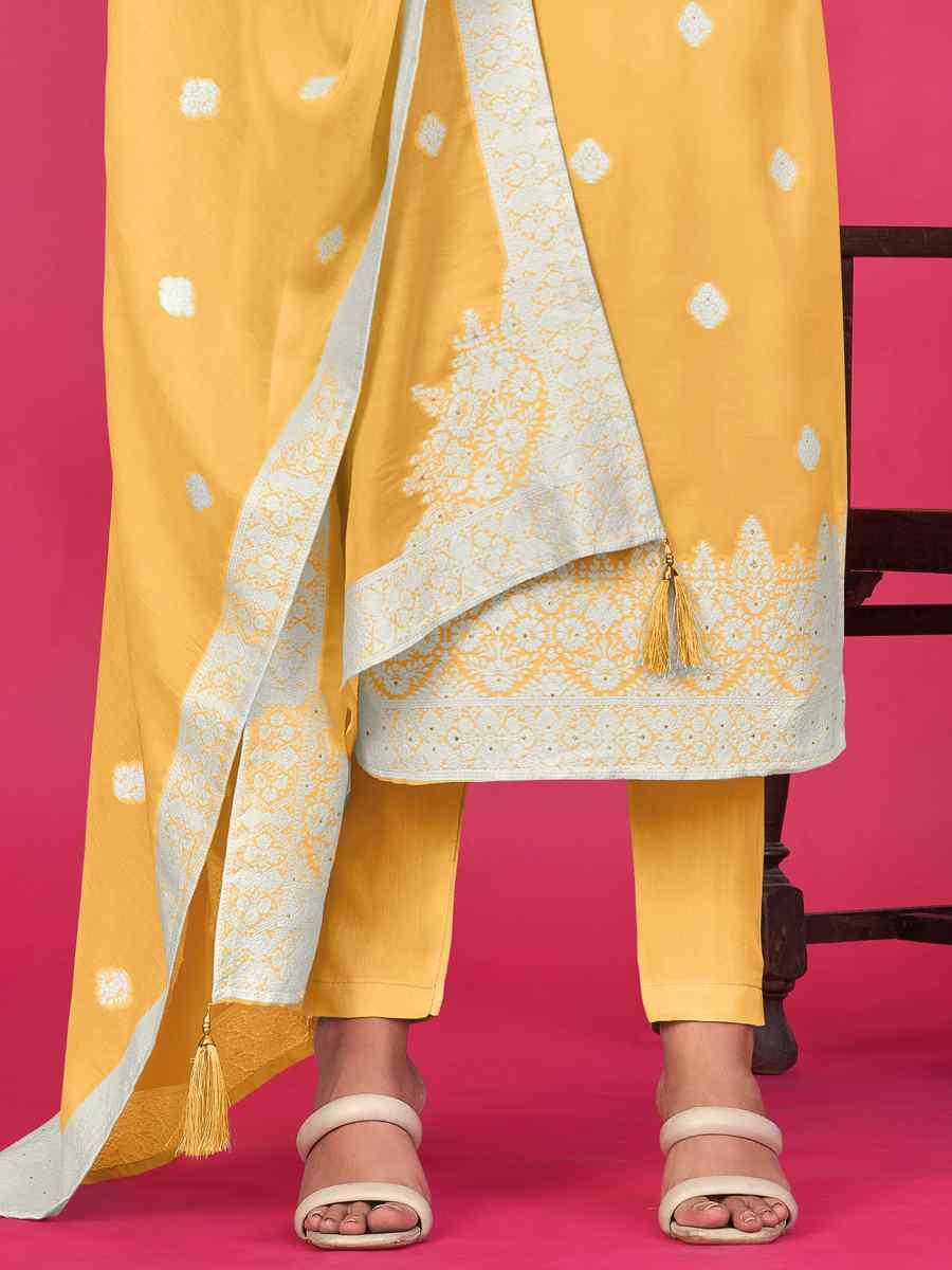 Yellow Pure Jacquard Embroidered Casual Festival Pant Salwar Kameez