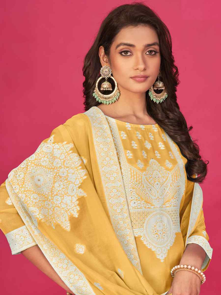 Yellow Pure Jacquard Embroidered Casual Festival Pant Salwar Kameez