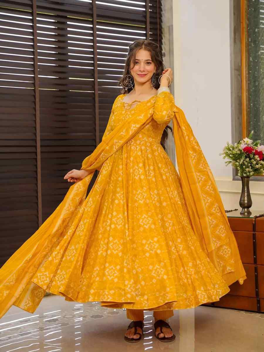 Yellow Pure Maslin Embroidered Festival Wedding Anarkali Salwar Kameez