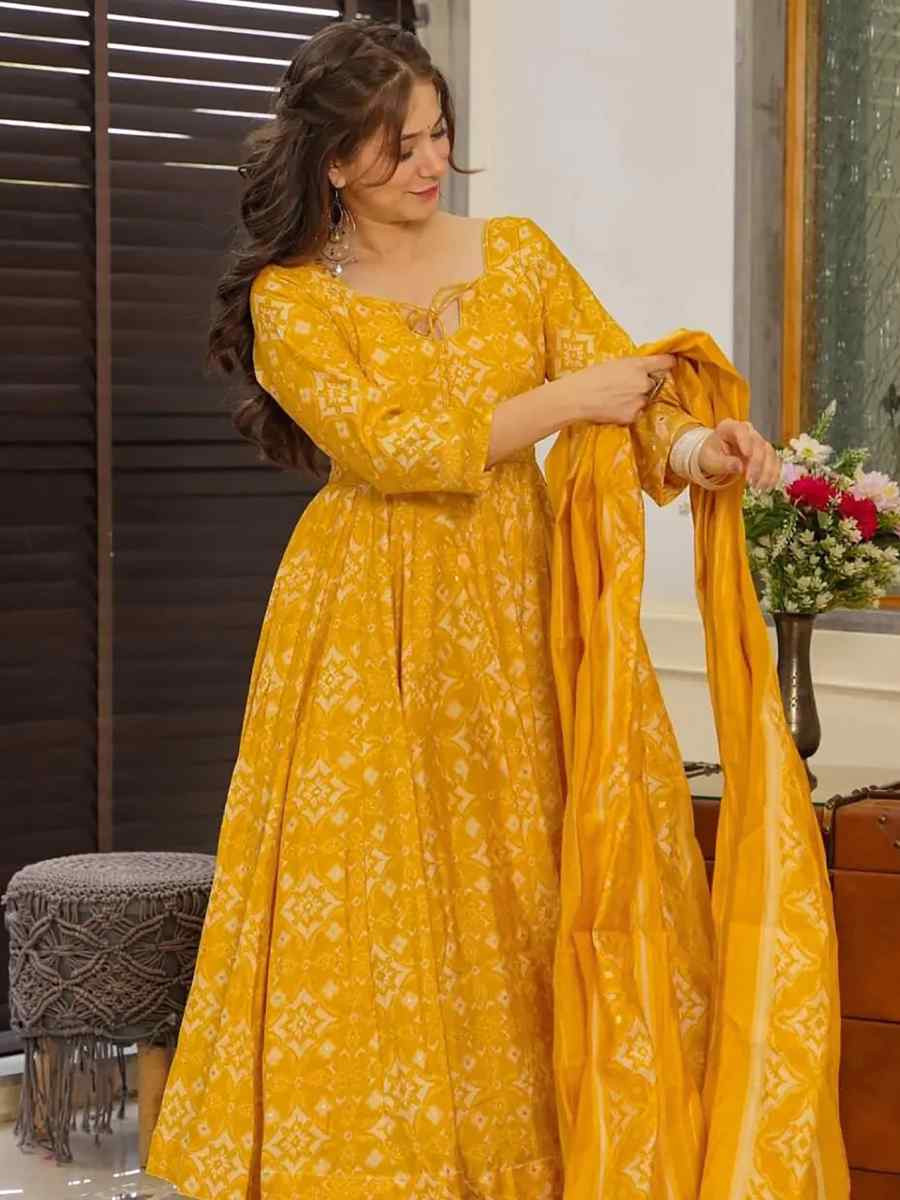 Yellow Pure Maslin Embroidered Festival Wedding Anarkali Salwar Kameez