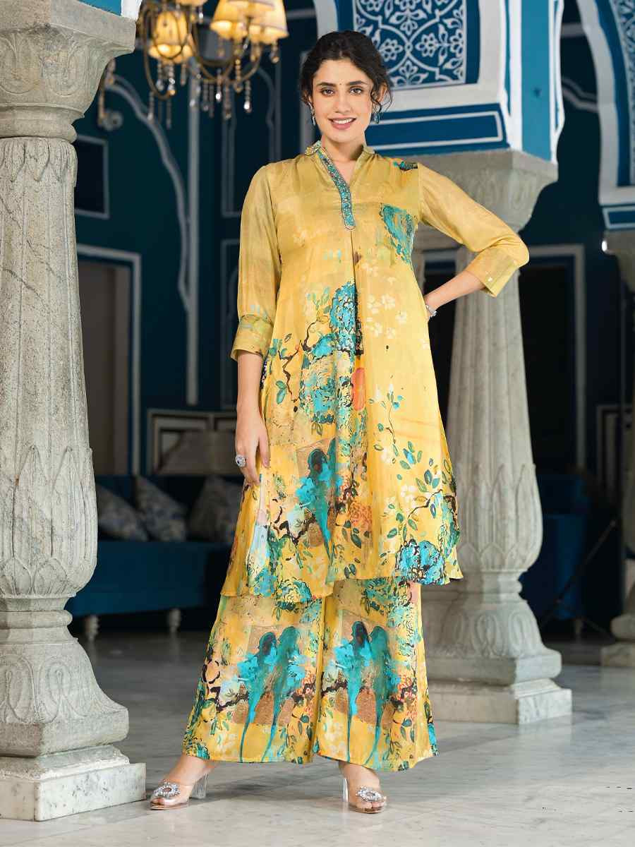 Yellow Pure Muslin Printed Festival Casual Kurti