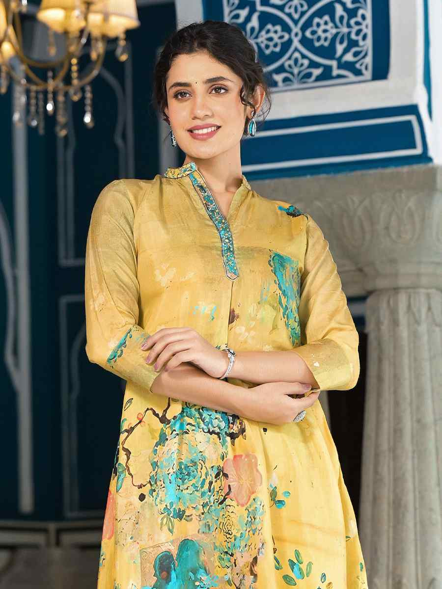 Yellow Pure Muslin Printed Festival Casual Kurti