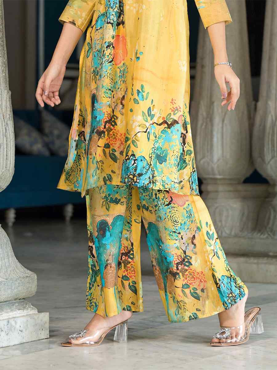 Yellow Pure Muslin Printed Festival Casual Kurti