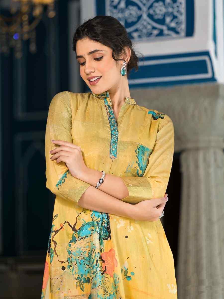 Yellow Pure Muslin Printed Festival Casual Kurti