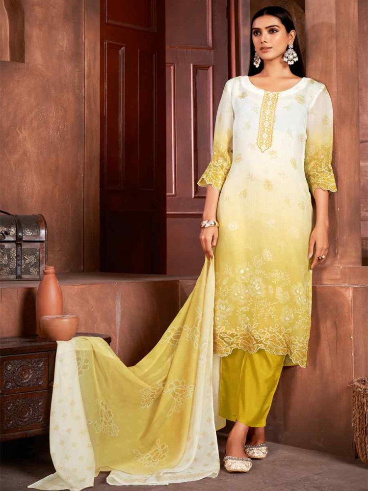 Yellow Pure Organza Embroidered Festival Casual Ready Pant Salwar Kameez